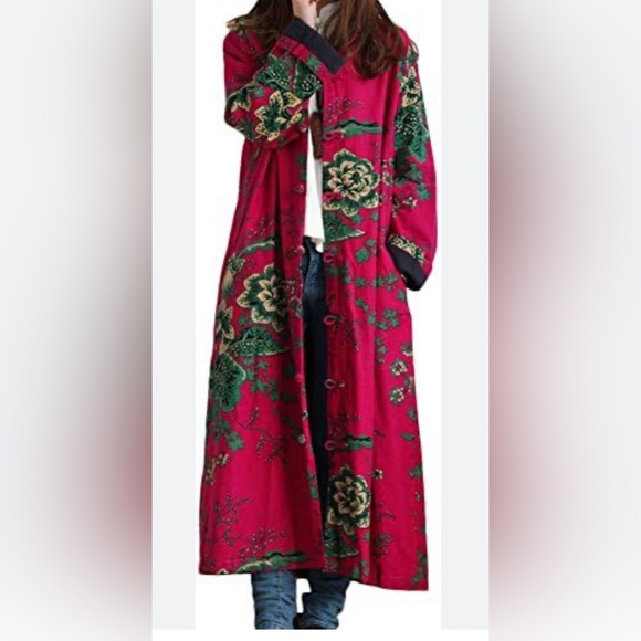 LZJN Women's Cotton linen Trench Coat Floral Print Long Jacket with Pockets 🩷💚 - Picture 1 of 13